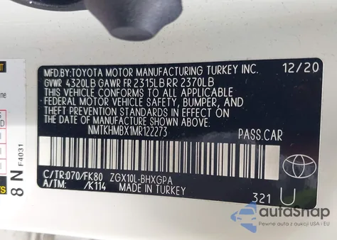 2021 Toyota C-Hr Xle z USA, uszkodzony, nr VIN NMTKHMBX1MR122273